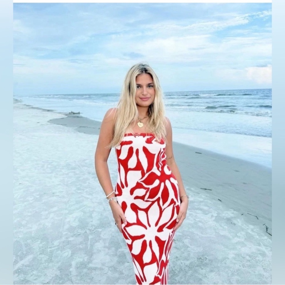 House of Harlow 1960 knit Red and White Maxi Dress tube top with slit bottom